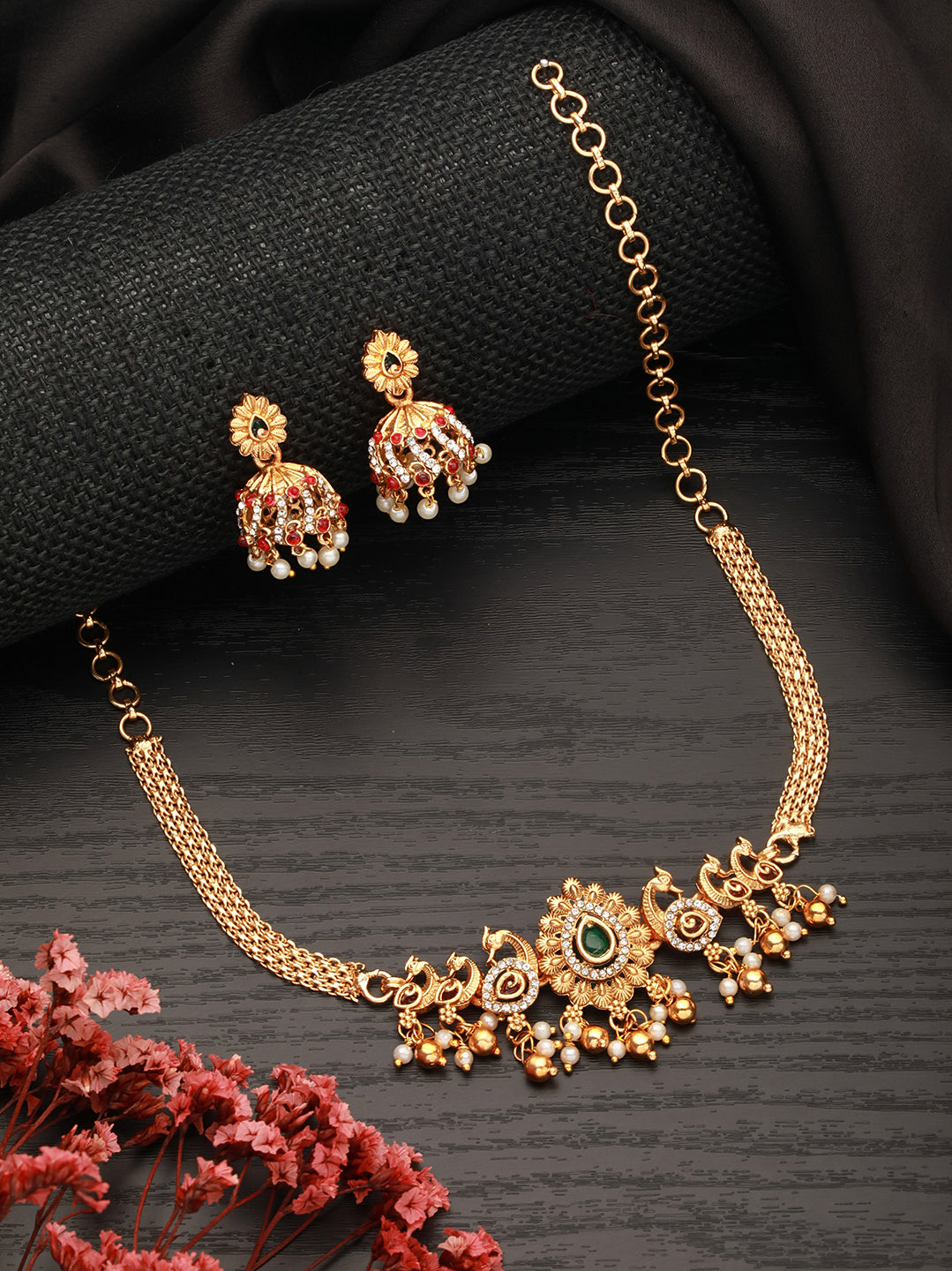Gold Plated Green Kempo Studded Peacock Minimal Delicate Choker Jewellery Set
